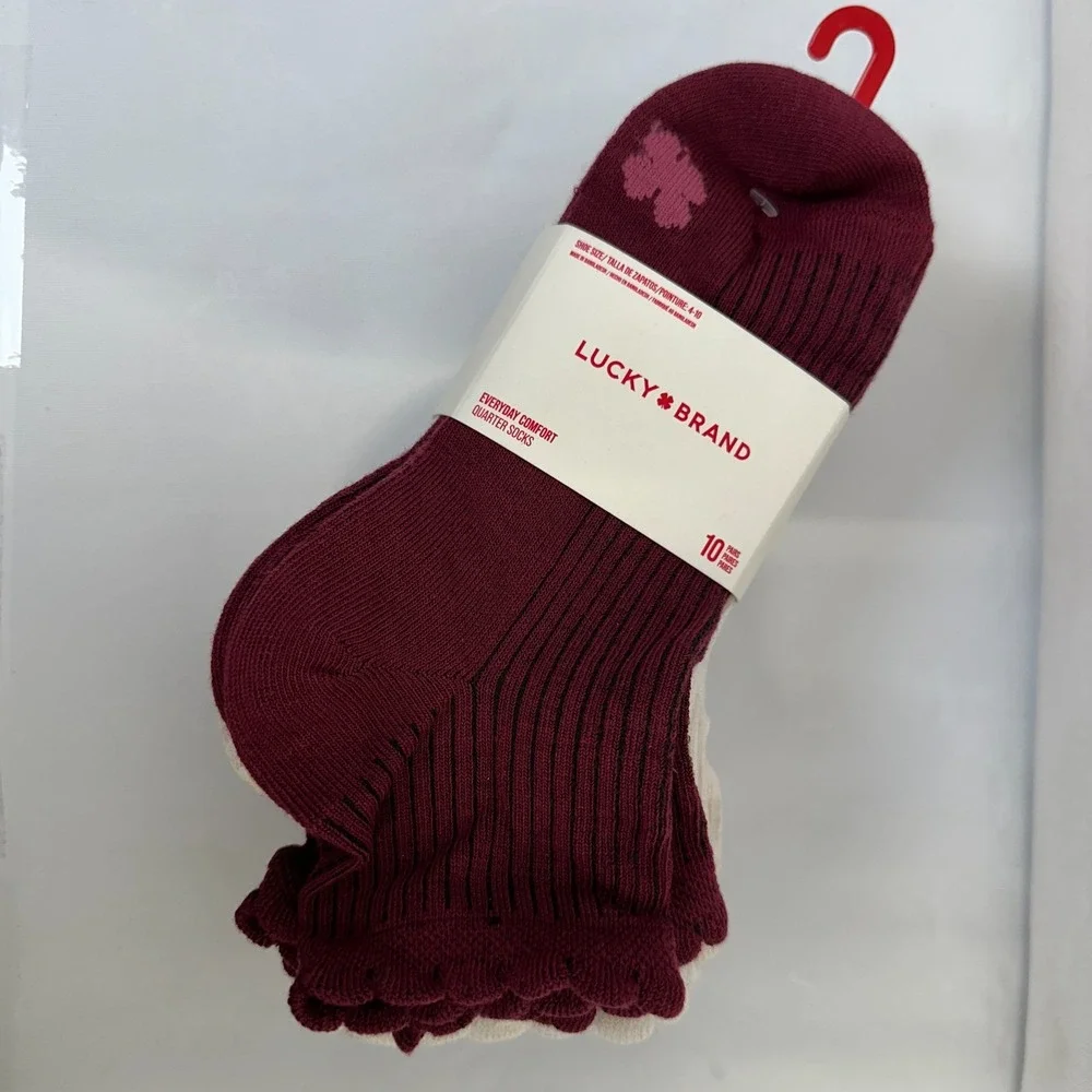 Lucky Brand Women Quarter Socks 10 Pack Everyday Comfort Purple White Burgundy S